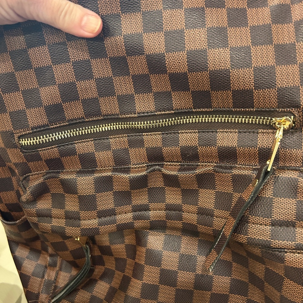 Checkered Brown Canvas Backpack with Red Stripe Strap - Picture 4 of 5